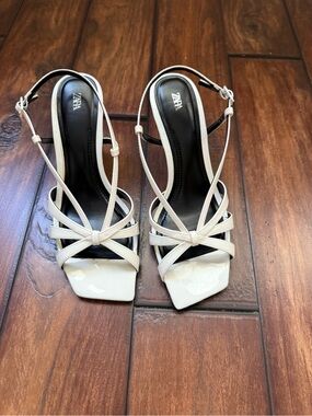 Zara White Strappy Square-Toe Slingback Wedges